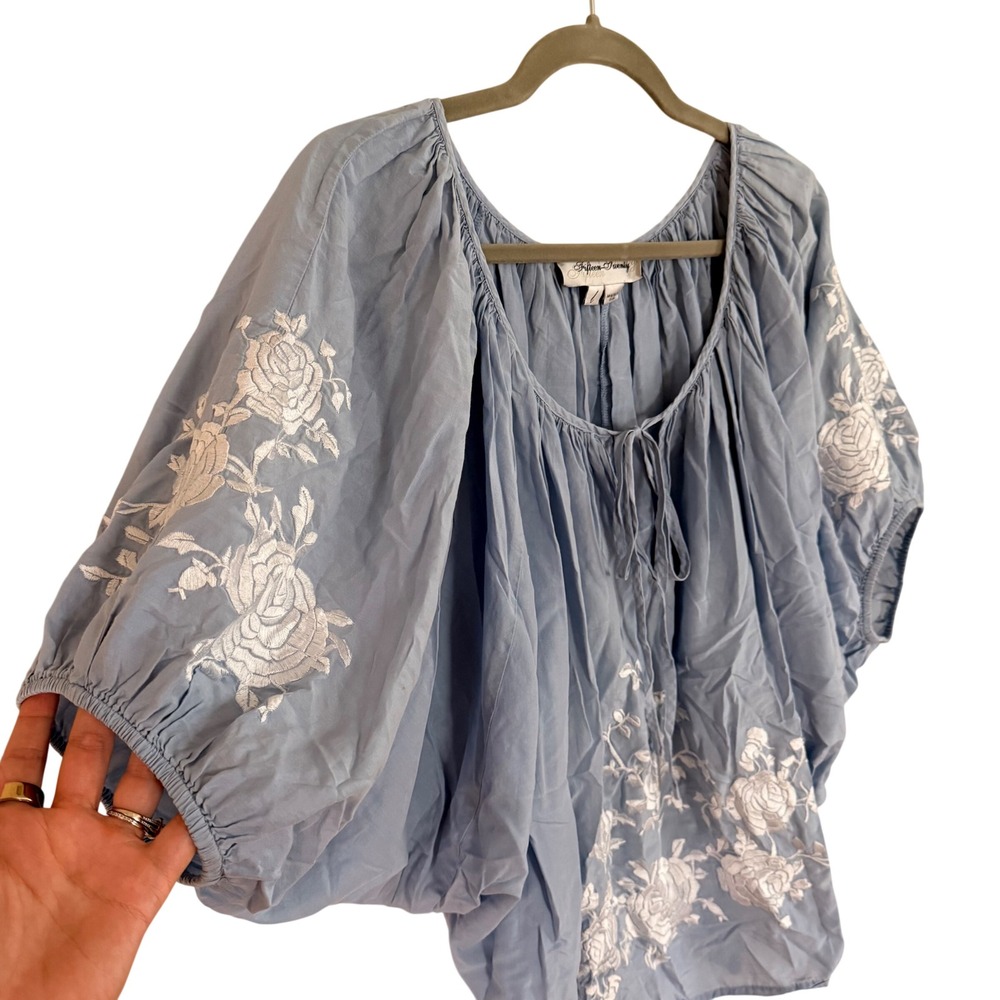 Fifteen Twenty Blue Floral Embroidered Puff Sleeve Peasant Blouse Top Large